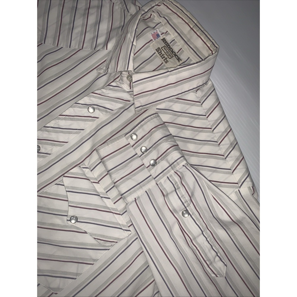VTG Ruddock Shirts Western Shirt Blue White Stripe Pearl Snap Mens XL Made USA